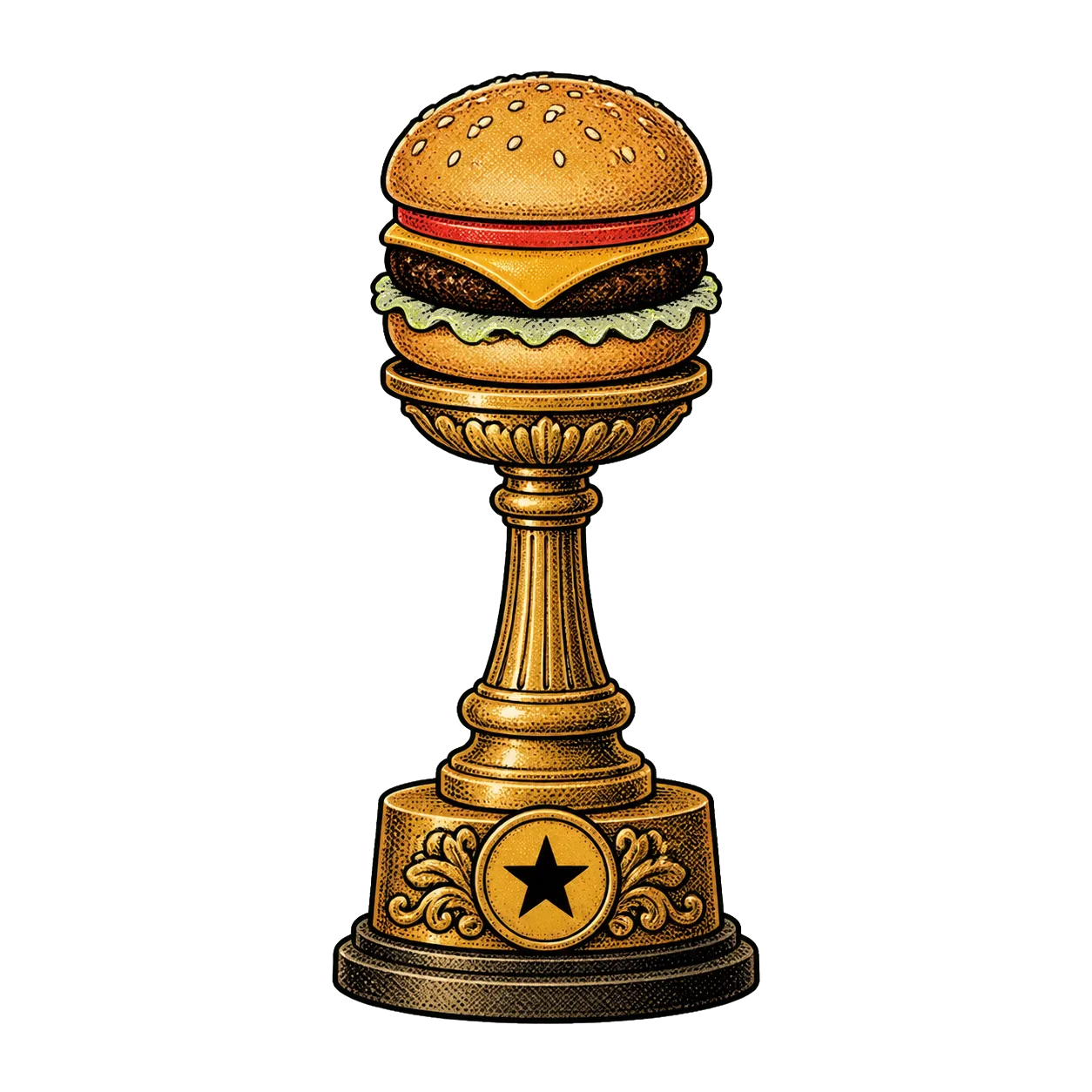 A vintage gold trophy topped with an average cheeseburger