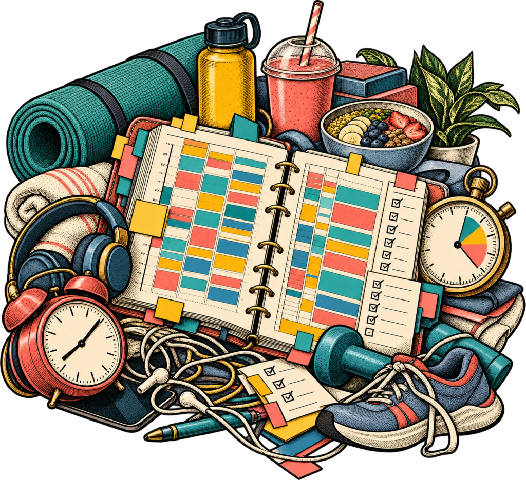 Color illustration of an over-scheduled weekend planner with stopwatch, yoga mat and wellness gear