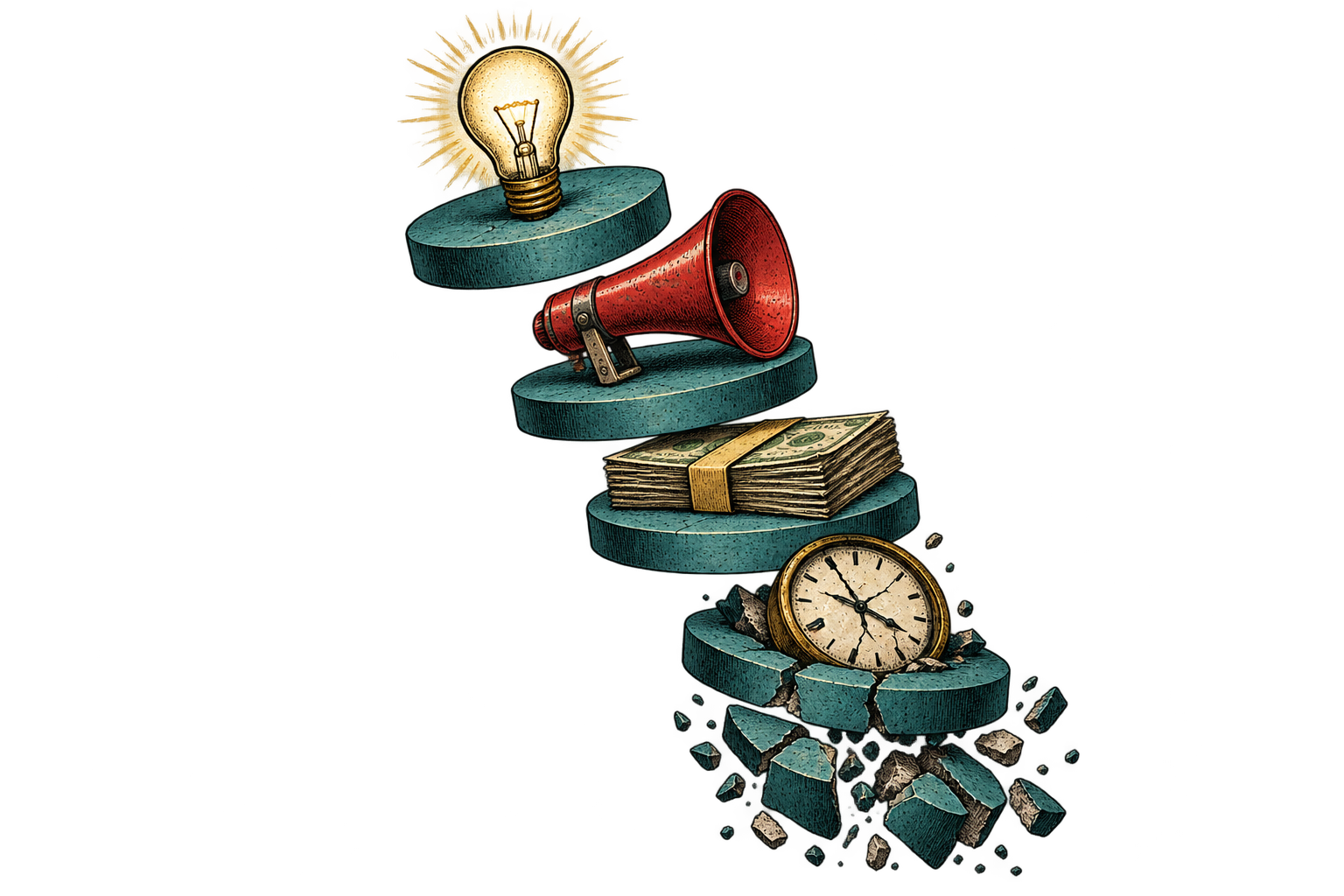Exploded vintage diagram with a lightbulb, megaphone, money, clock and collapsed platforms