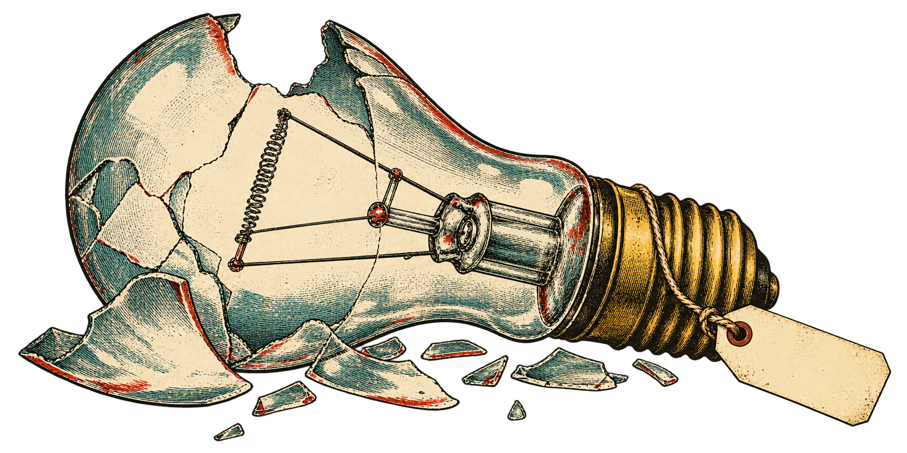 A shattered lightbulb illustrated in vintage engraved ink