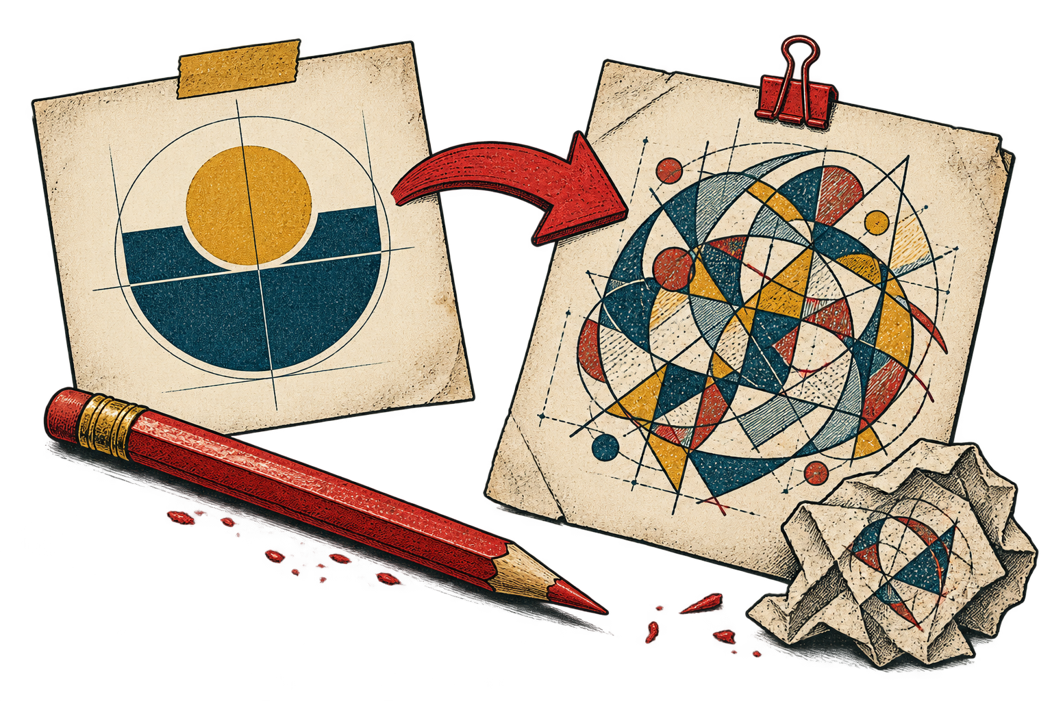 Vintage before-and-after design proofs connected by a red arrow